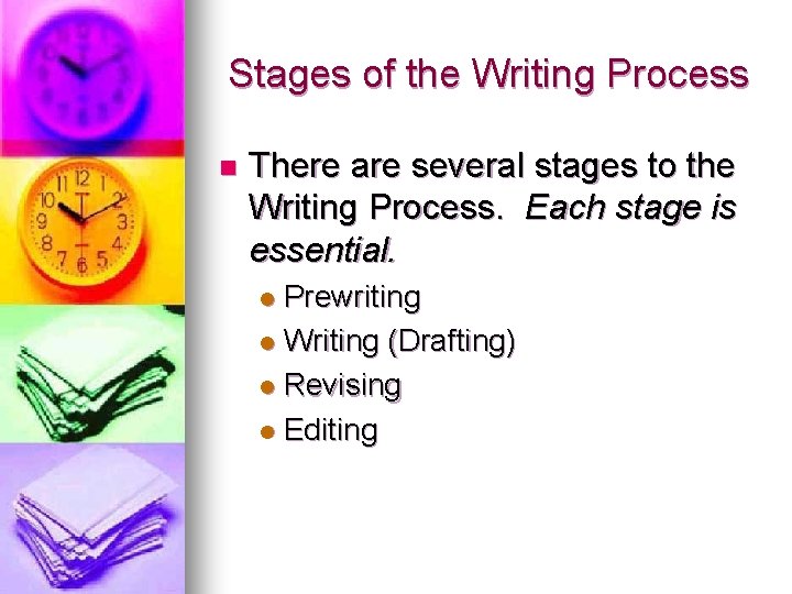 Stages of the Writing Process n There are several stages to the Writing Process.