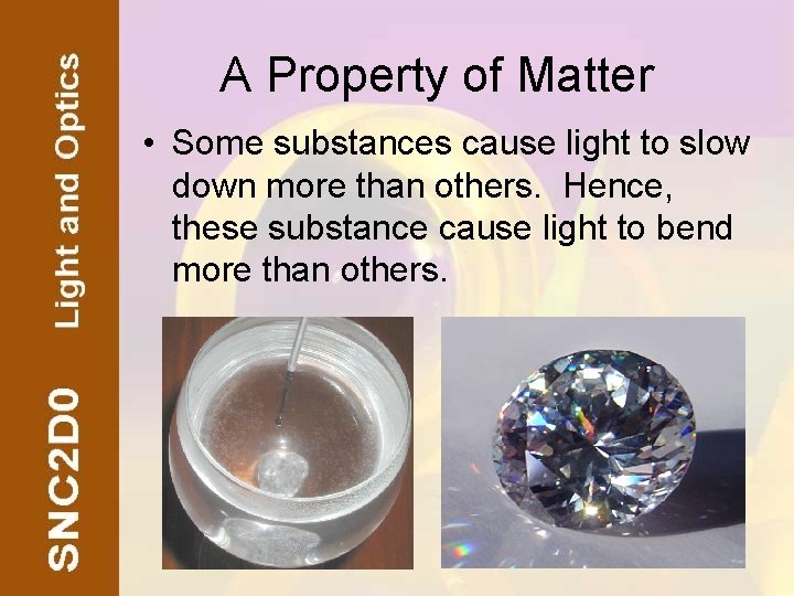 A Property of Matter • Some substances cause light to slow down more than