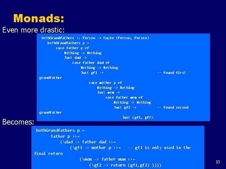 Monads: Even more drastic: Becomes: both. Grandfathers : : Person -> Maybe (Person, Person)