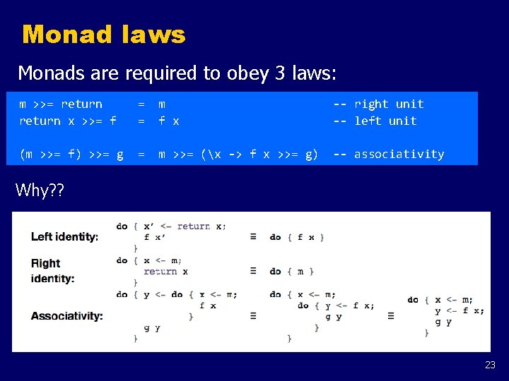 Monad laws Monads are required to obey 3 laws: m >>= return x >>=