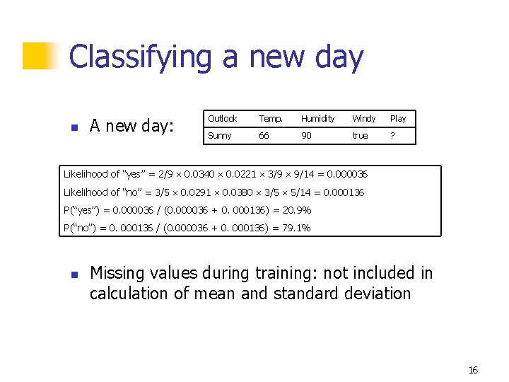 Classifying a new day n A new day: Outlook Temp. Humidity Windy Play Sunny