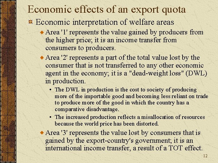 Economic effects of an export quota Economic interpretation of welfare areas Area '1' represents