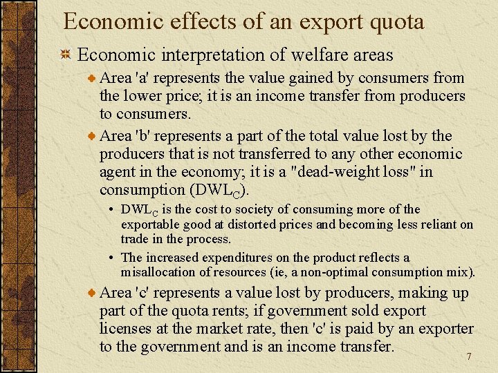 Economic effects of an export quota Economic interpretation of welfare areas Area 'a' represents