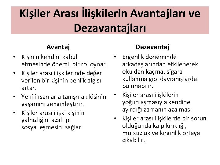 Kişiler Arası İlişkilerin Avantajları ve Dezavantajları Avantaj Dezavantaj • Kişinin kendini kabul • Ergenlik