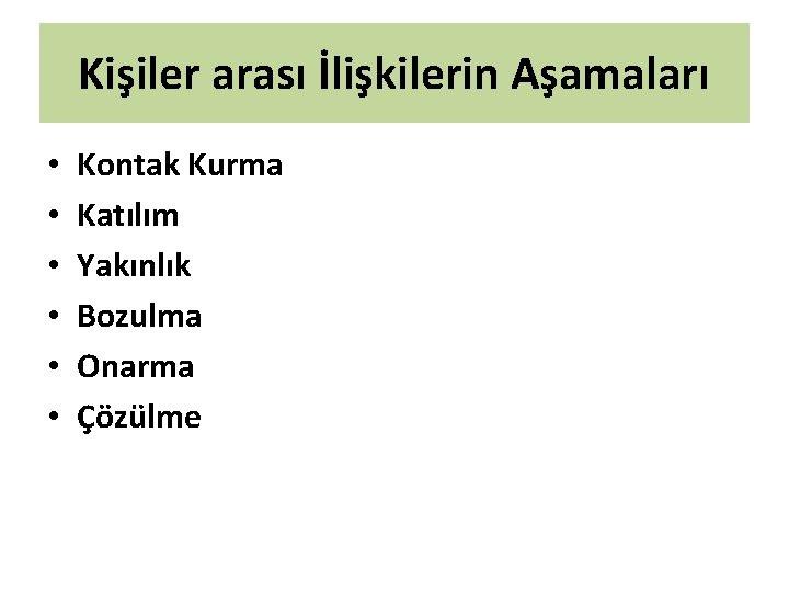 Kişiler arası İlişkilerin Aşamaları • • • Kontak Kurma Katılım Yakınlık Bozulma Onarma Çözülme