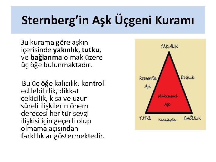 Sternberg’in Aşk Üçgeni Kuramı Bu kurama göre aşkın içerisinde yakınlık, tutku, ve bağlanma olmak