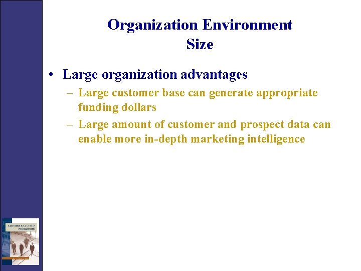 Organization Environment Size • Large organization advantages – Large customer base can generate appropriate
