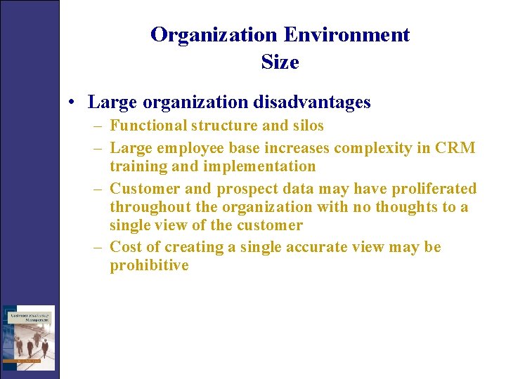 Organization Environment Size • Large organization disadvantages – Functional structure and silos – Large