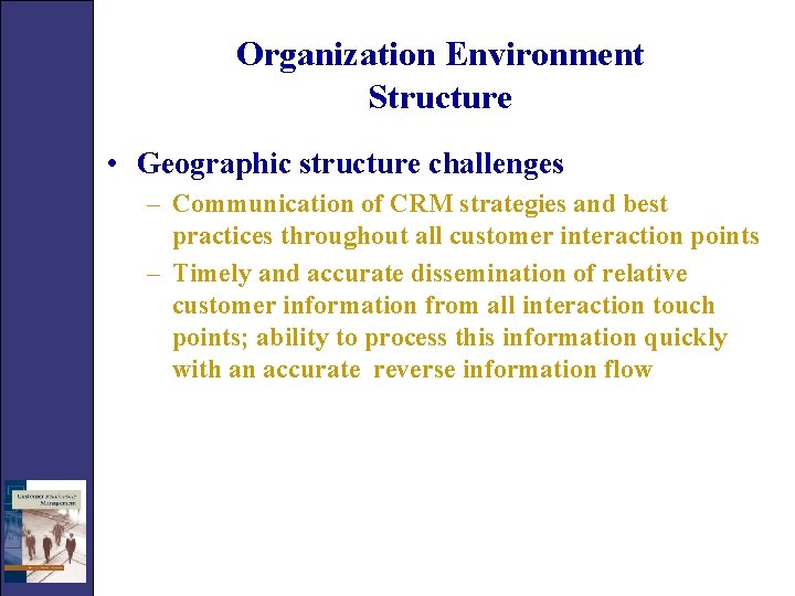Organization Environment Structure • Geographic structure challenges – Communication of CRM strategies and best