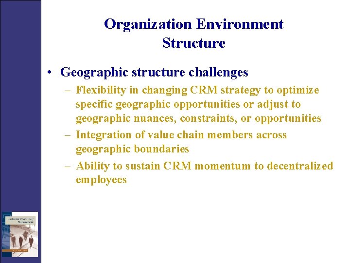 Organization Environment Structure • Geographic structure challenges – Flexibility in changing CRM strategy to