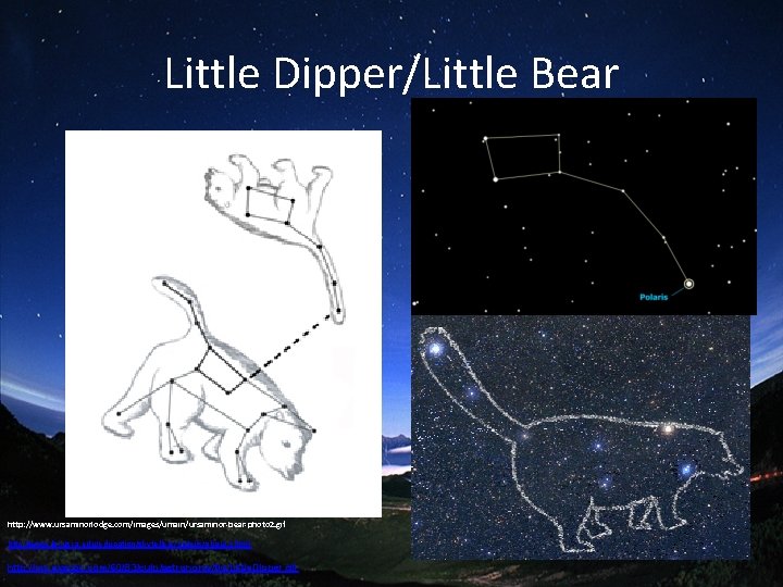 Little Dipper/Little Bear http: //www. ursaminorlodge. com/images/umain/ursaminor-bear-photo 2. gif http: //www. lpi. usra. edu/education/skytellers/polaris/about.