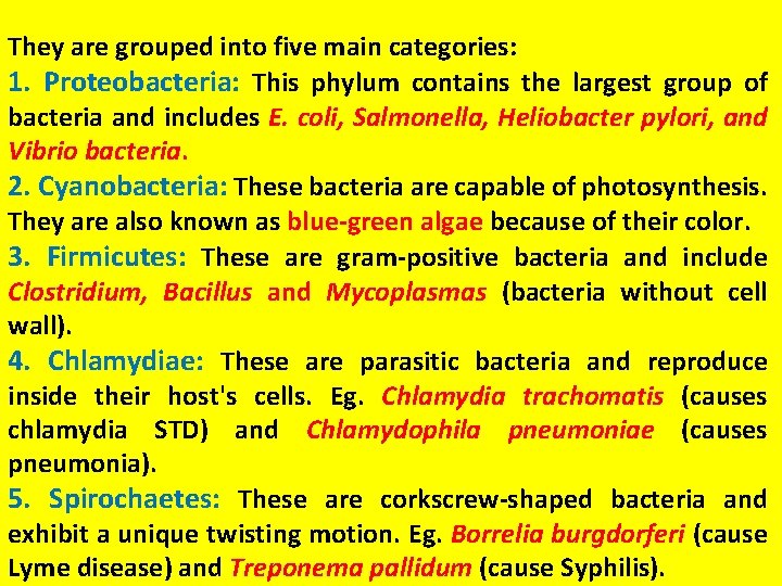 They are grouped into five main categories: 1. Proteobacteria: This phylum contains the largest