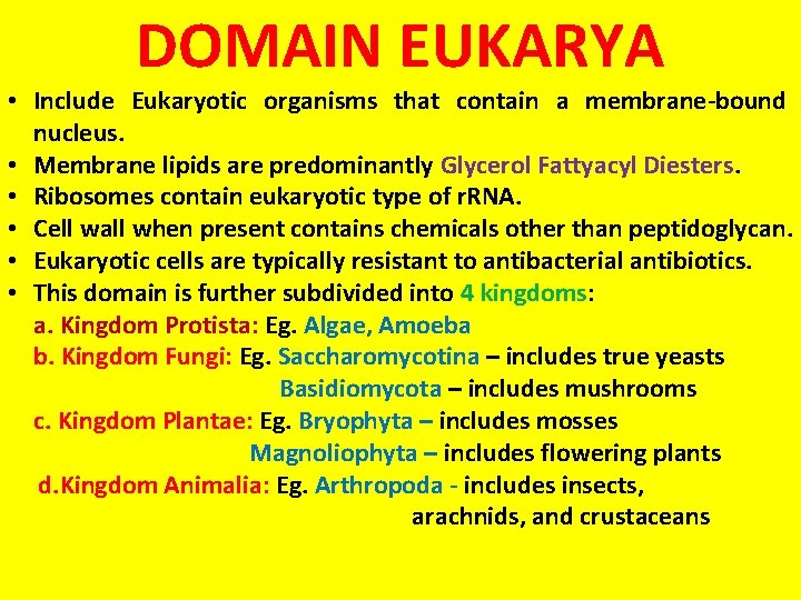 DOMAIN EUKARYA • Include Eukaryotic organisms that contain a membrane-bound nucleus. • Membrane lipids