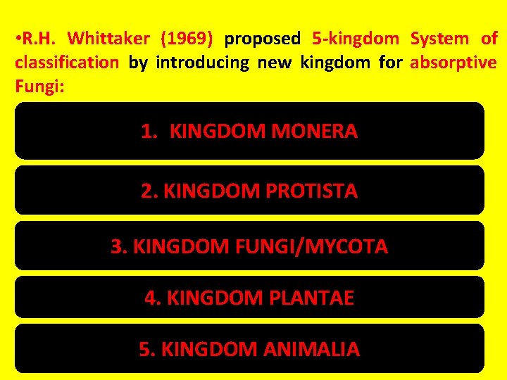  • R. H. Whittaker (1969) proposed 5 -kingdom System of classification by introducing