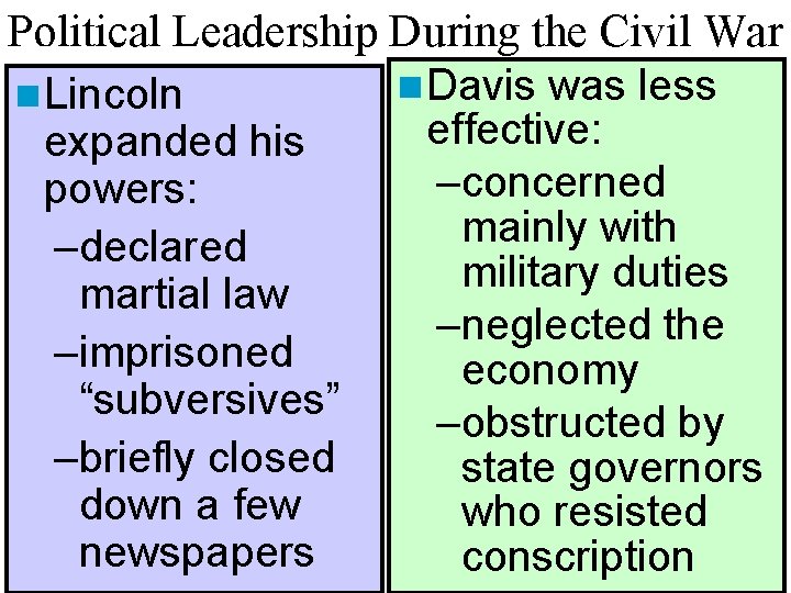 Political Leadership During the Civil War n Davis was less n Lincoln effective: expanded