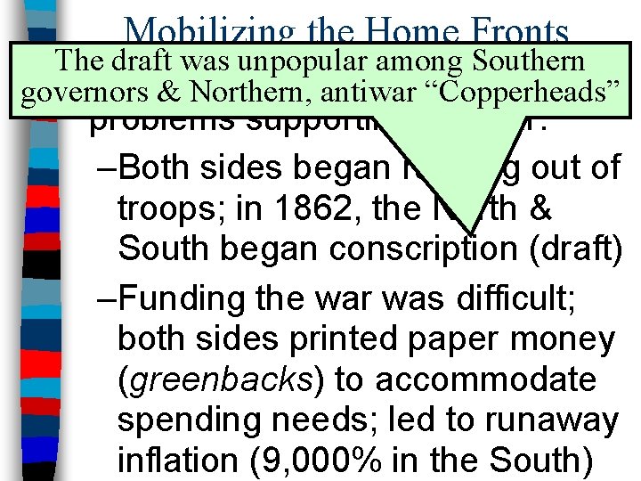 Mobilizing the Home Fronts The draft was unpopular among Southern n Both&the North antiwar