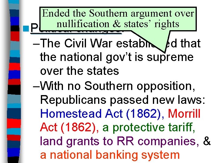 Ended. Effects the Southern argument of the War over nullification & states’ rights n