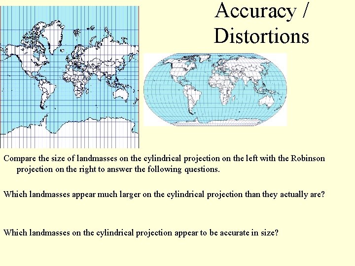 Accuracy / Distortions Compare the size of landmasses on the cylindrical projection on the