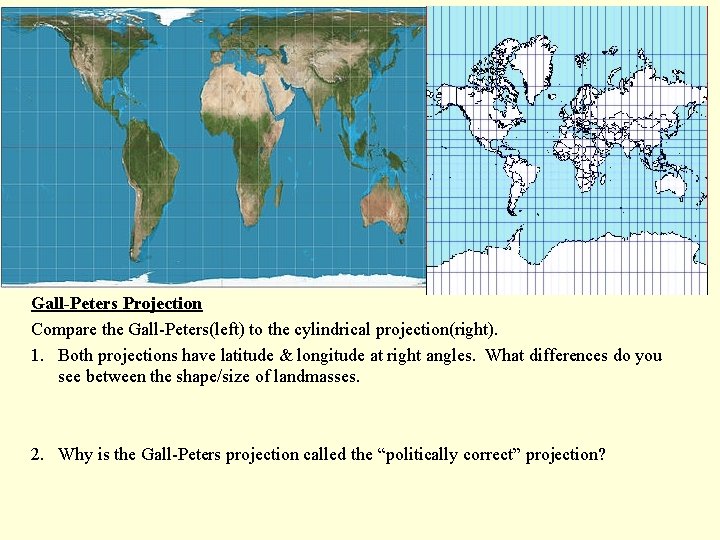Gall-Peters Projection Compare the Gall-Peters(left) to the cylindrical projection(right). 1. Both projections have latitude