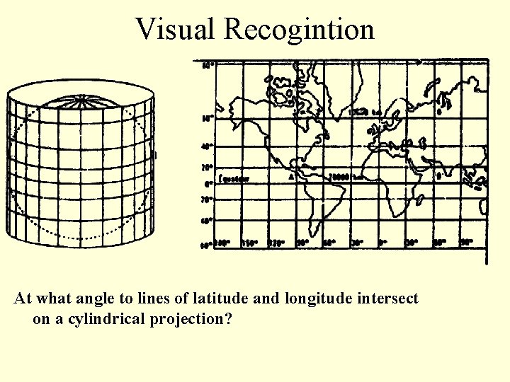 Visual Recogintion At what angle to lines of latitude and longitude intersect on a
