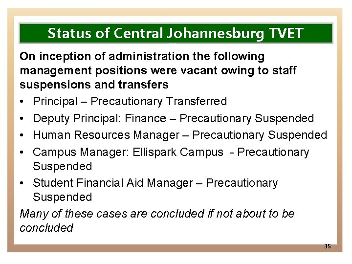 Status of Central Johannesburg TVET College On inception of administration the following management positions