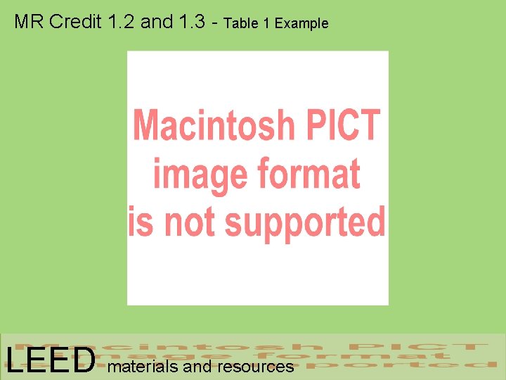 MR Credit 1. 2 and 1. 3 - Table 1 Example LEED materials and