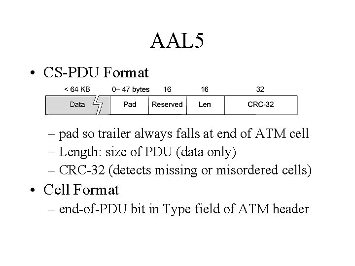 AAL 5 • CS-PDU Format – pad so trailer always falls at end of