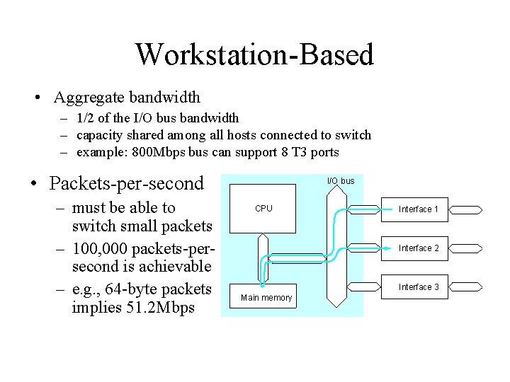 Workstation-Based • Aggregate bandwidth – 1/2 of the I/O bus bandwidth – capacity shared