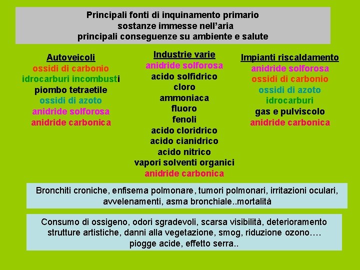 Principali fonti di inquinamento primario sostanze immesse nell’aria principali conseguenze su ambiente e salute