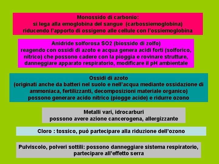 Monossido di carbonio: si lega alla emoglobina del sangue (carbossiemoglobina) riducendo l’apporto di ossigeno