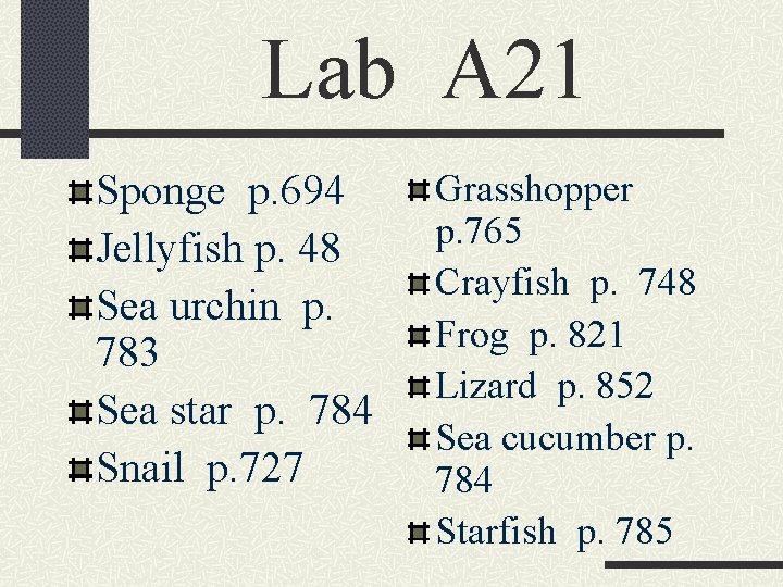 Lab A 21 Sponge p. 694 Jellyfish p. 48 Sea urchin p. 783 Sea
