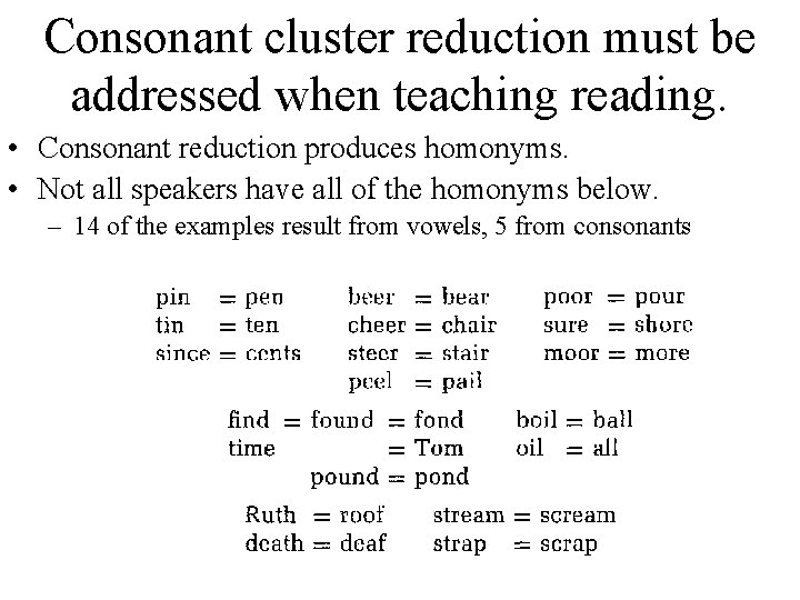 Consonant cluster reduction must be addressed when teaching reading. • Consonant reduction produces homonyms.