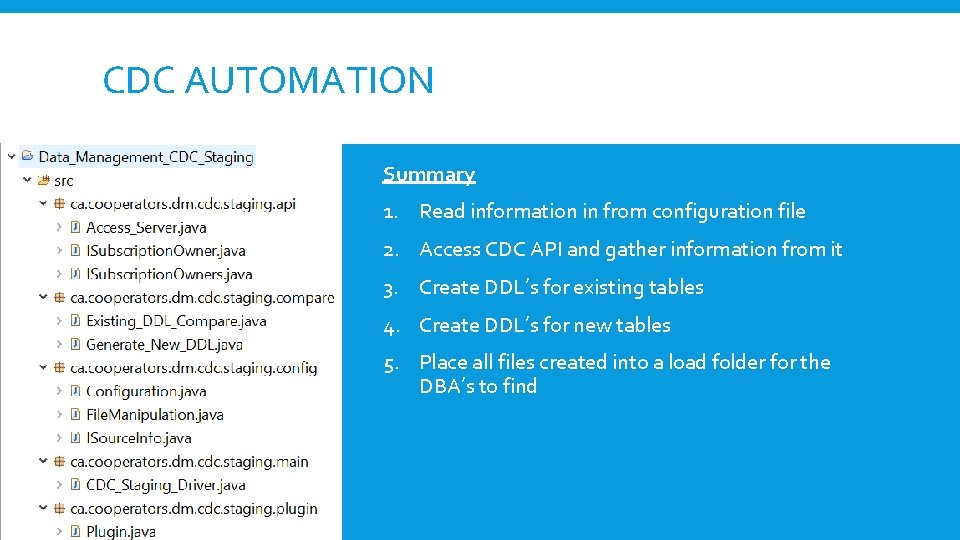 CDC AUTOMATION Summary 1. Read information in from configuration file 2. Access CDC API