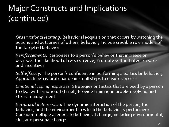Major Constructs and Implications (continued) Observational learning: Behavioral acquisition that occurs by watching the