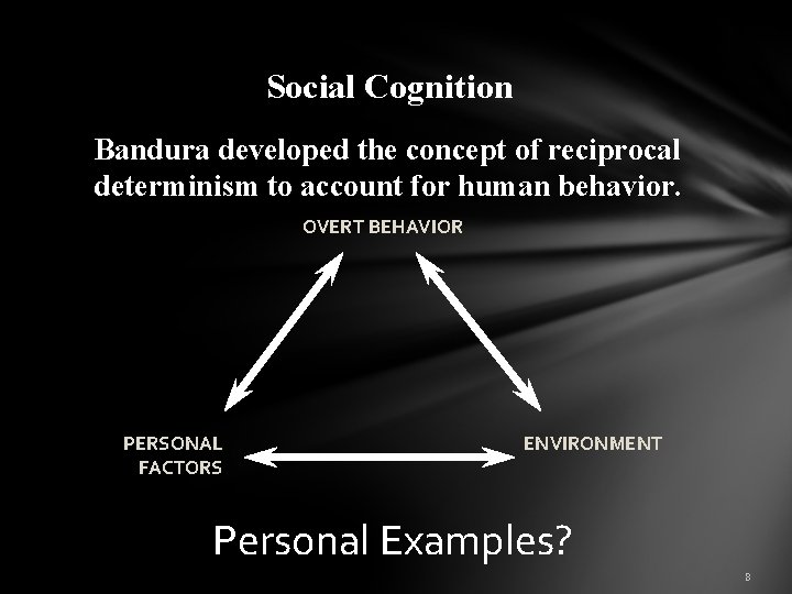 Social Cognition Bandura developed the concept of reciprocal determinism to account for human behavior.