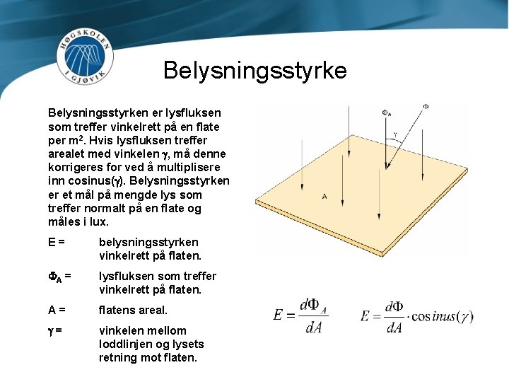 Belysningsstyrken er lysfluksen som treffer vinkelrett på en flate per m 2. Hvis lysfluksen