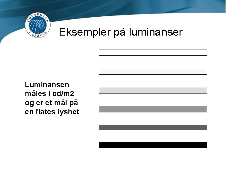 Eksempler på luminanser Luminansen måles i cd/m 2 og er et mål på en