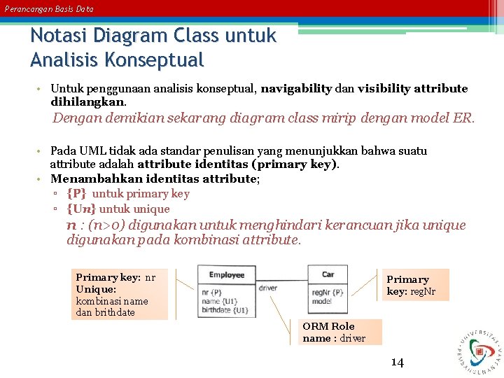 Perancangan Basis Data Notasi Diagram Class untuk Analisis Konseptual • Untuk penggunaan analisis konseptual,