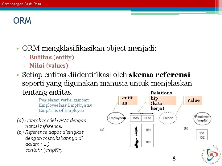 Perancangan Basis Data ORM • ORM mengklasifikasikan object menjadi: ▫ Entitas (entity) ▫ Nilai Perancangan Basis Data ORM • ORM mengklasifikasikan object menjadi: ▫ Entitas (entity) ▫ Nilai