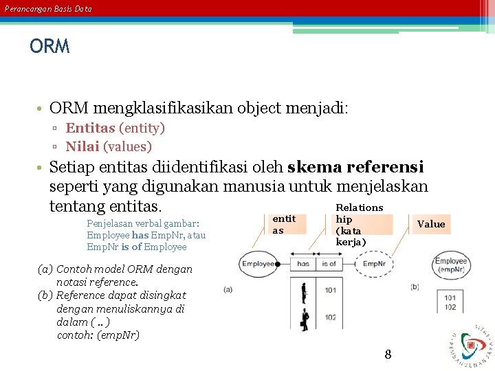 Perancangan Basis Data ORM • ORM mengklasifikasikan object menjadi: ▫ Entitas (entity) ▫ Nilai