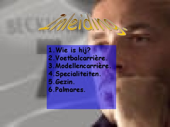 1. Wie is hij? 2. Voetbalcarrière. 3. Modellencarrière. 4. Specialiteiten. 5. Gezin. 6. Palmares.