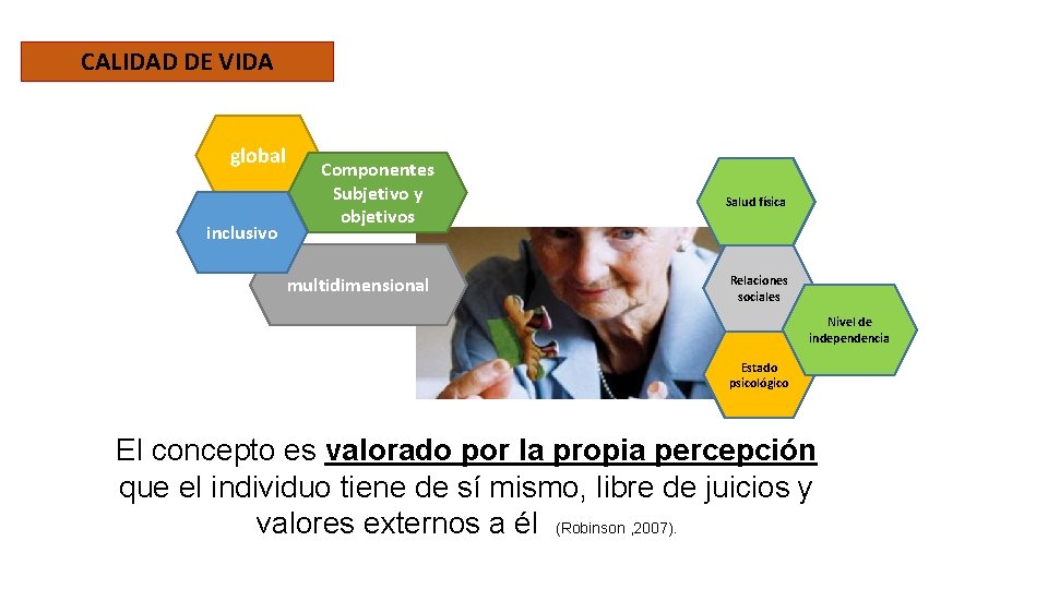 CALIDAD DE VIDA global inclusivo Componentes Subjetivo y objetivos multidimensional Salud física Relaciones sociales