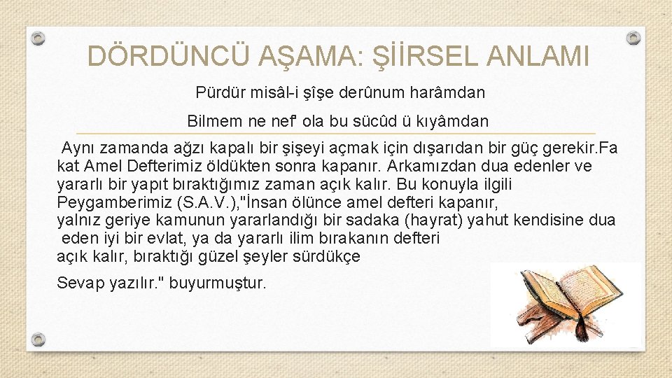 DÖRDÜNCÜ AŞAMA: ŞİİRSEL ANLAMI Pürdür misâl-i şîşe derûnum harâmdan Bilmem ne nef' ola bu