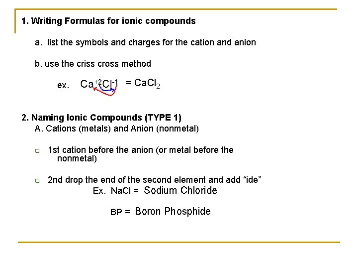 1. Writing Formulas for ionic compounds a. list the symbols and charges for the