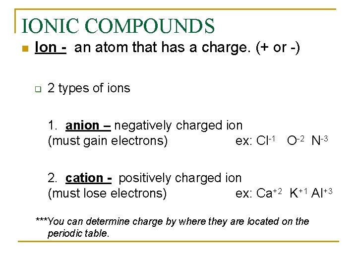 IONIC COMPOUNDS n Ion - an atom that has a charge. (+ or -)