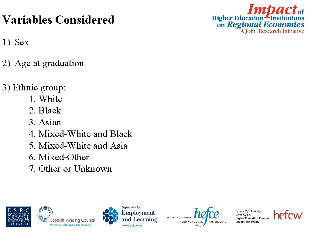 Variables Considered 1) Sex 2) Age at graduation 3) Ethnic group: 1. White 2.