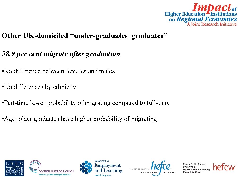 Other UK-domiciled “under-graduates” 58. 9 per cent migrate after graduation • No difference between