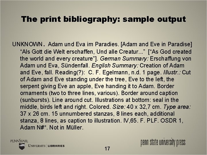 The print bibliography: sample output . UNKNOWN Adam und Eva im Paradies. [Adam and