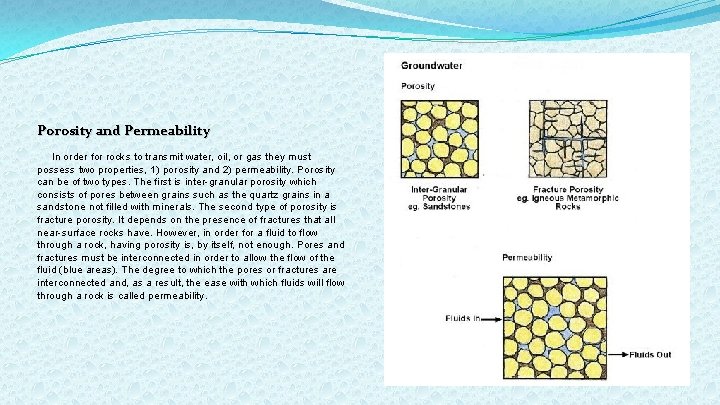 Porosity and Permeability In order for rocks to transmit water, oil, or gas they