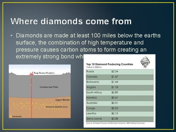 Where diamonds come from • Diamonds are made at least 100 miles below the